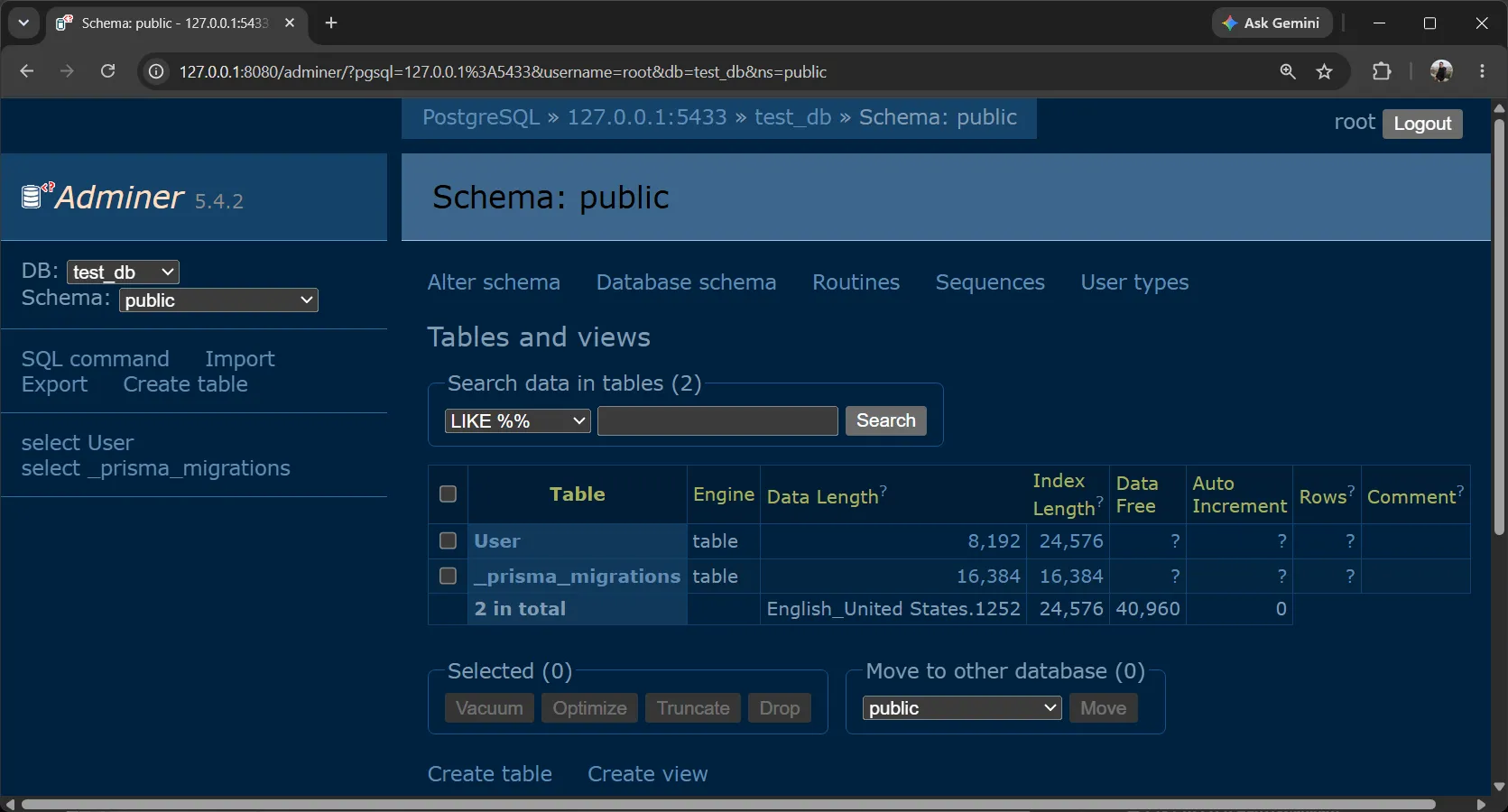 Adminer table