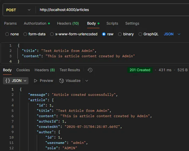 ตัวอย่างการทดสอบ API POST /articles (ADMIN) ตัวอย่างการทดสอบ API POST /articles (ADMIN)