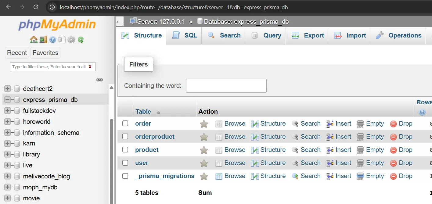 ผลลัพธ์จากการสร้างตาราง