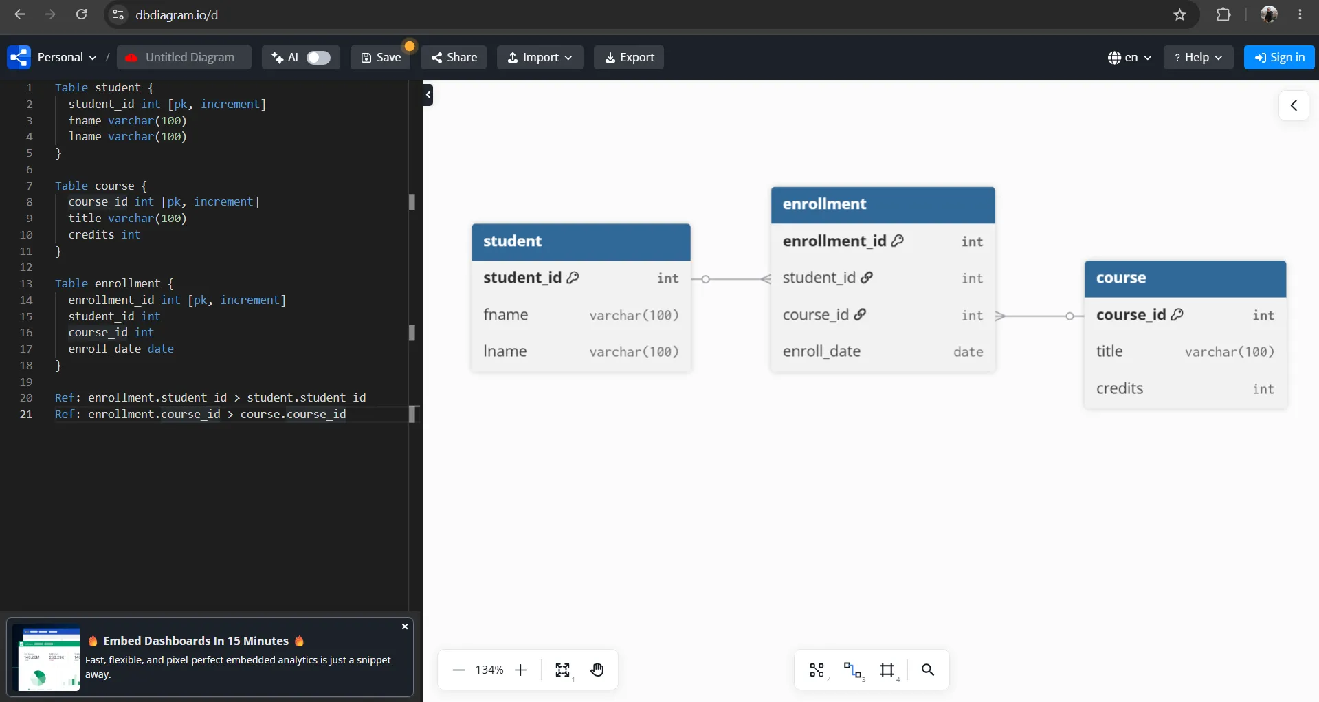 ER Diagram from dbdiagram.io