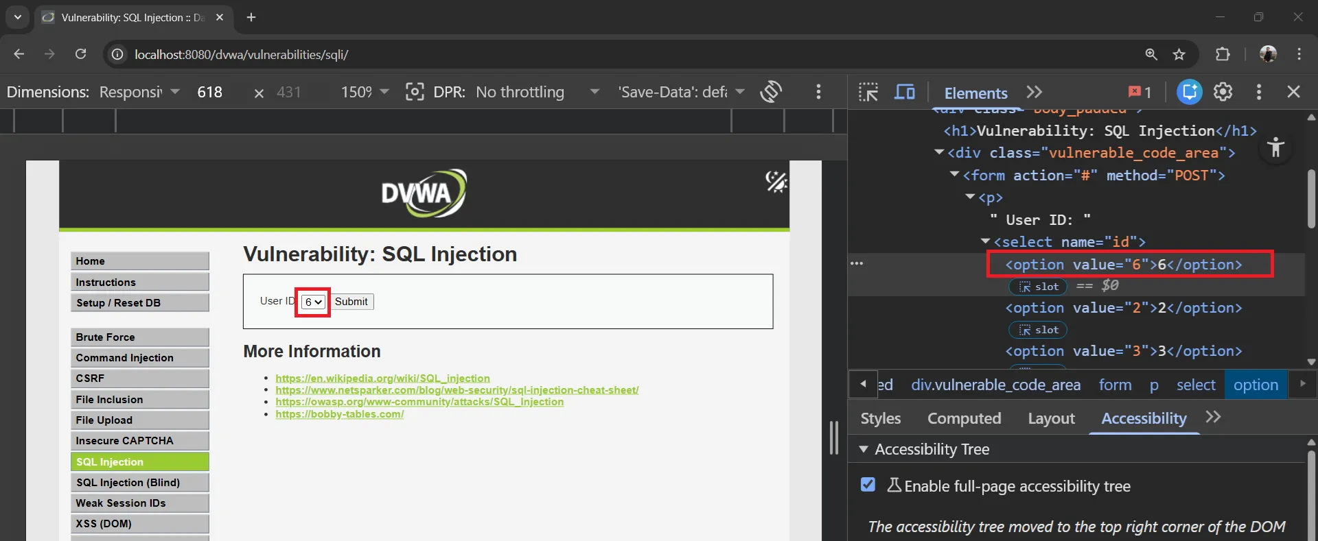 DVWA Inspect Dropdown