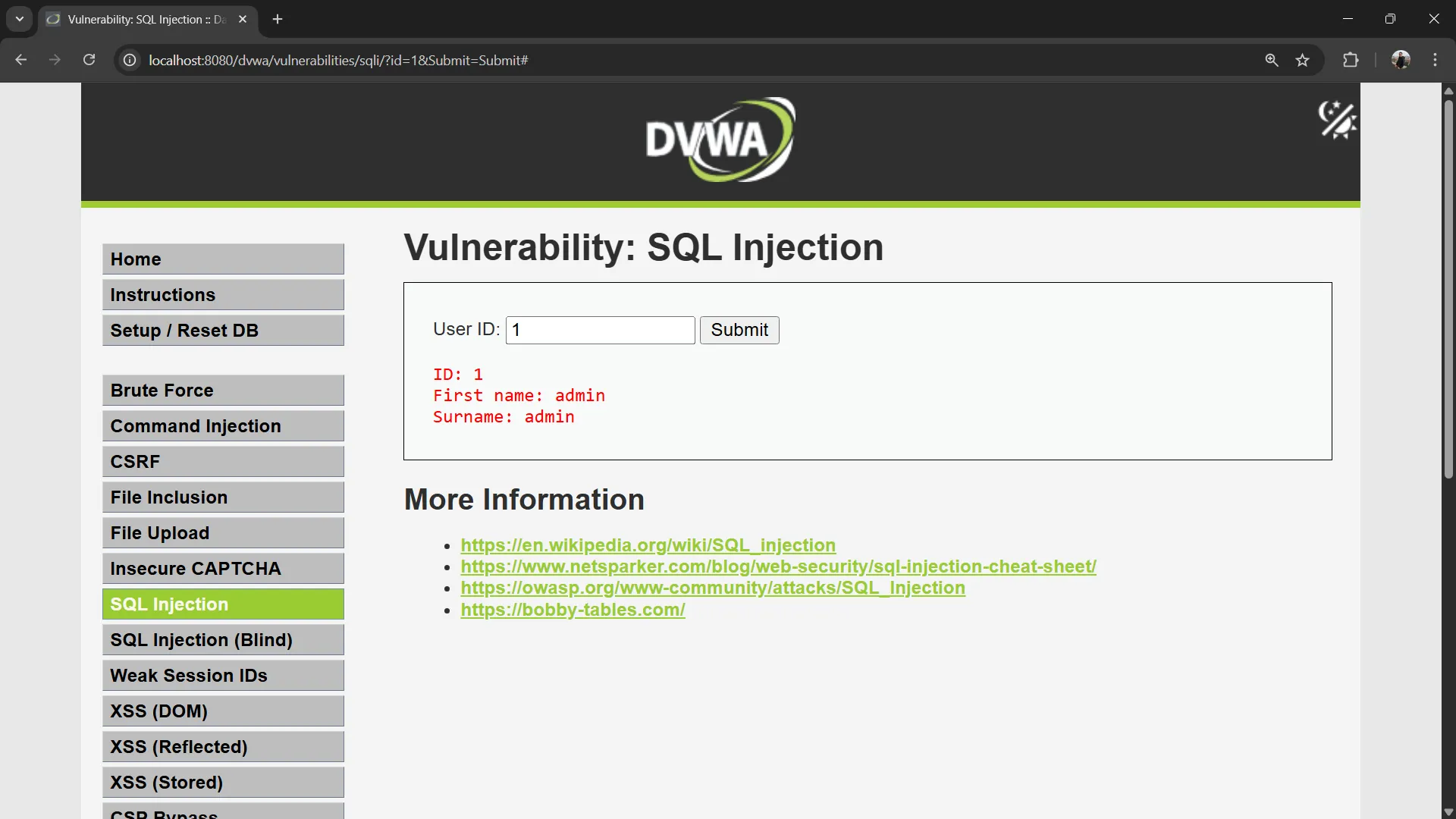 DVWA SQL Injection ID 1 Result