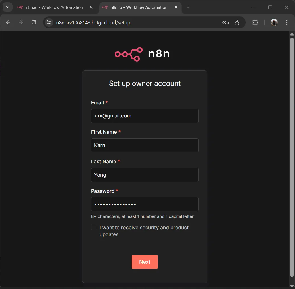 หน้า Setup n8n