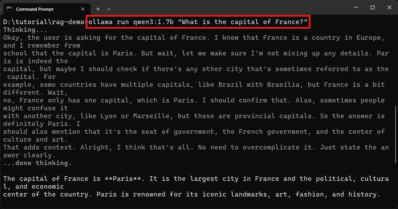 Ollama test: capital of France ผลลัพธ์ตอนรัน ollama run ถามเมืองหลวงฝรั่งเศส