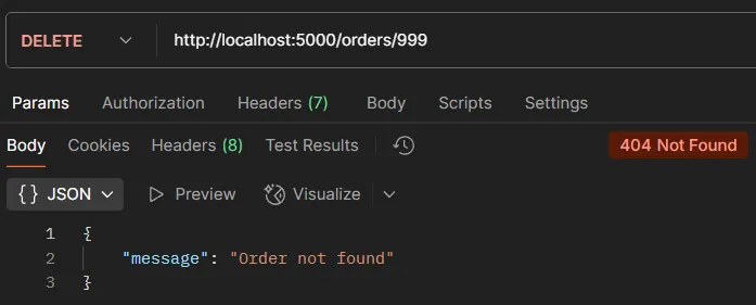 API testing example DELETE /orders/:id not found