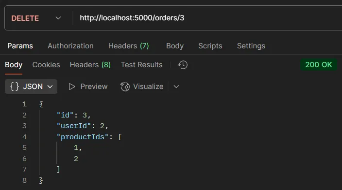 API testing example DELETE /orders/:id