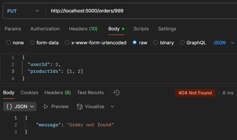 API testing example PUT /orders/:id not found