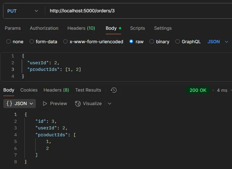 API testing example PUT /orders/:id