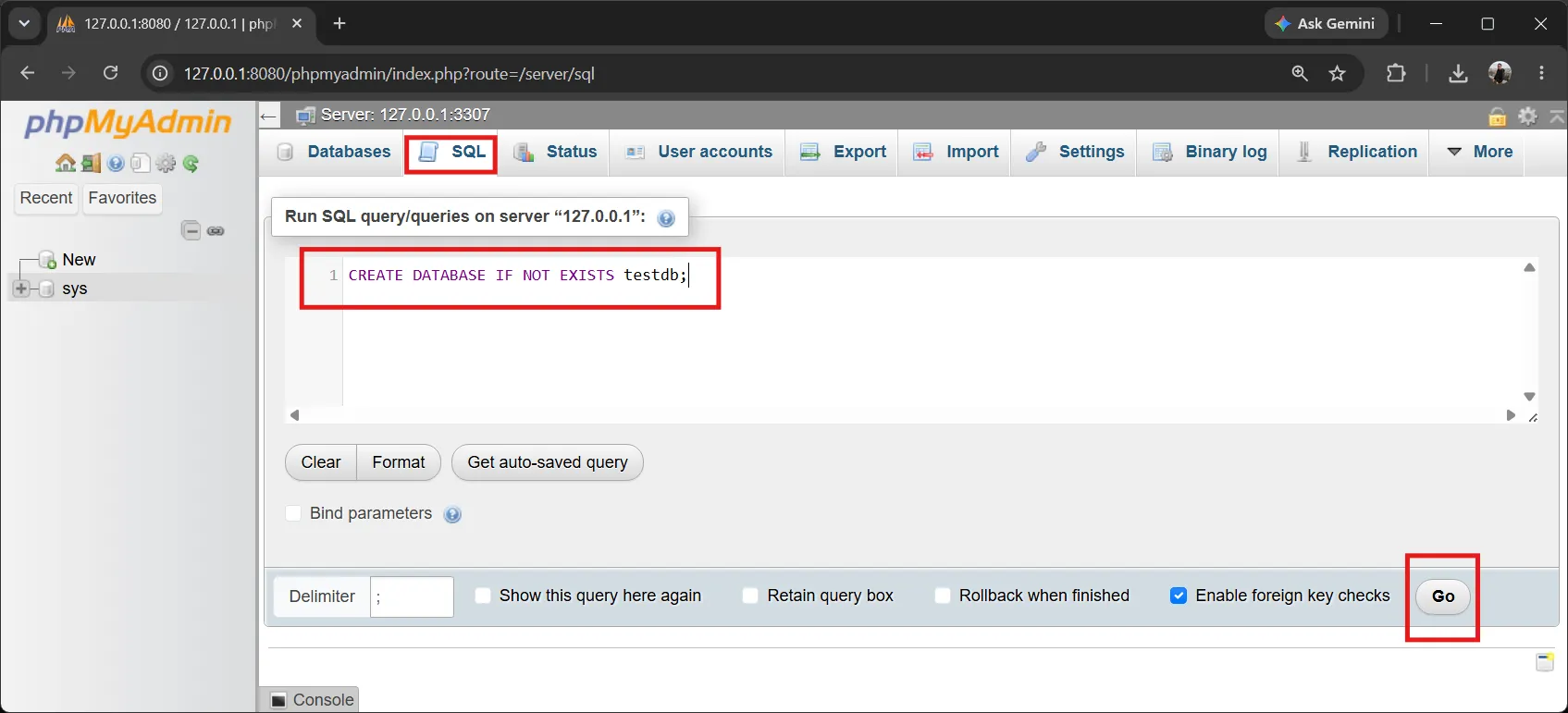 phpMyAdmin - create the testdb database phpMyAdmin - create database