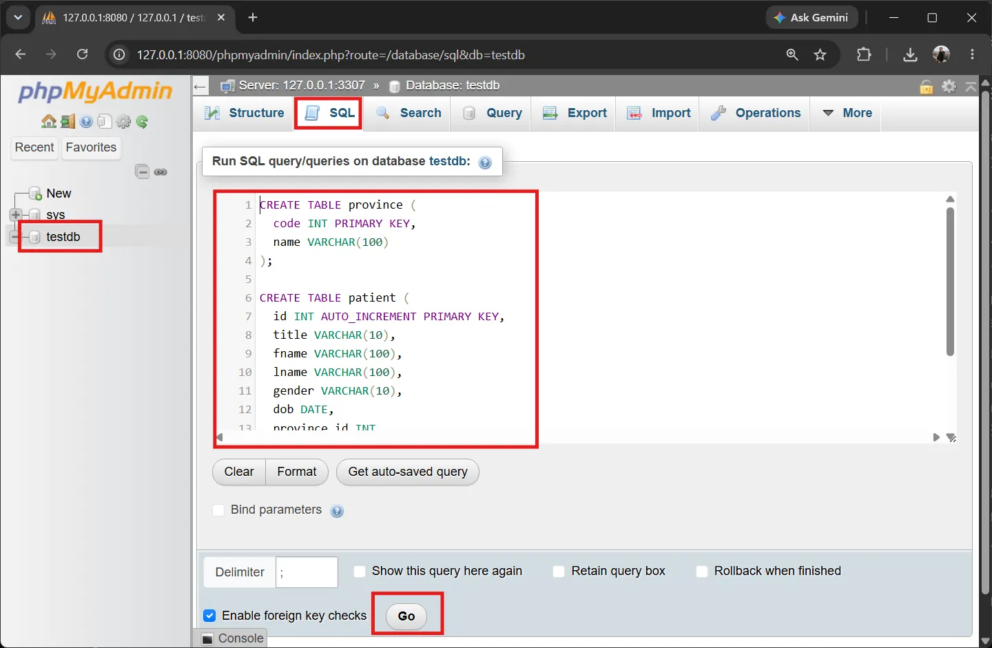 phpMyAdmin - create the province and patient tables phpMyAdmin - create tables