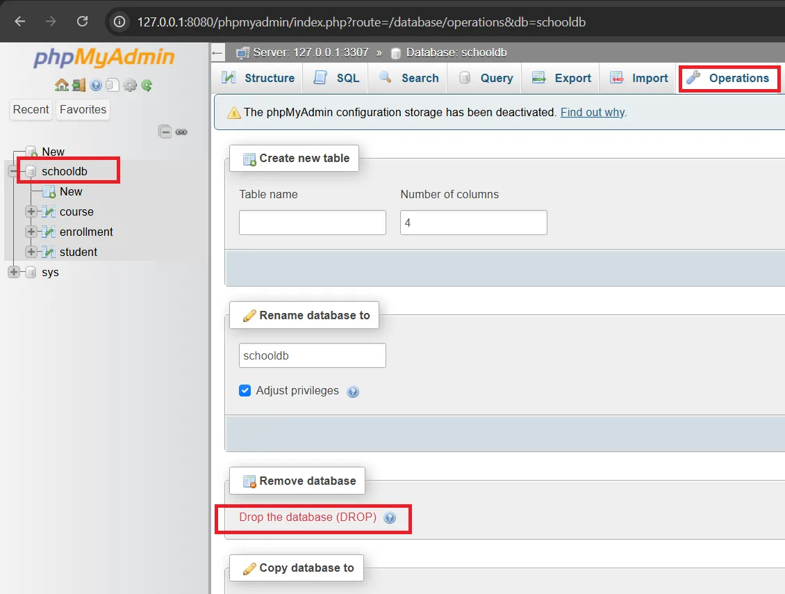 phpMyAdmin Drop Database