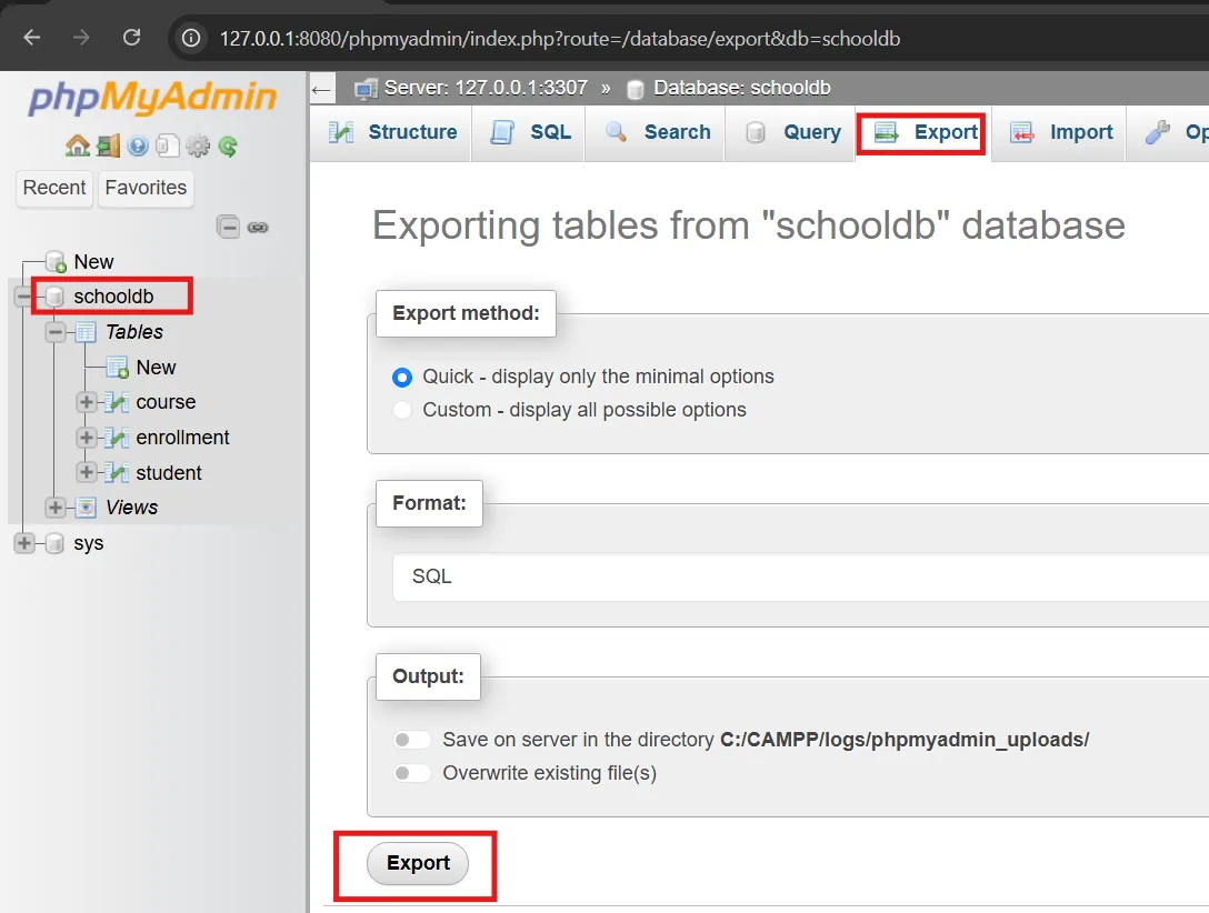 phpMyAdmin Export