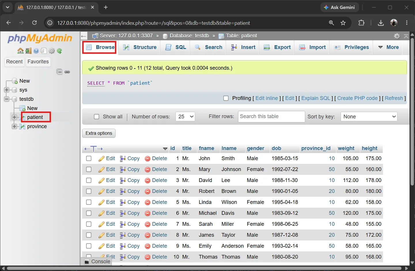 phpMyAdmin - data in the patient table after insert phpMyAdmin - inserted data