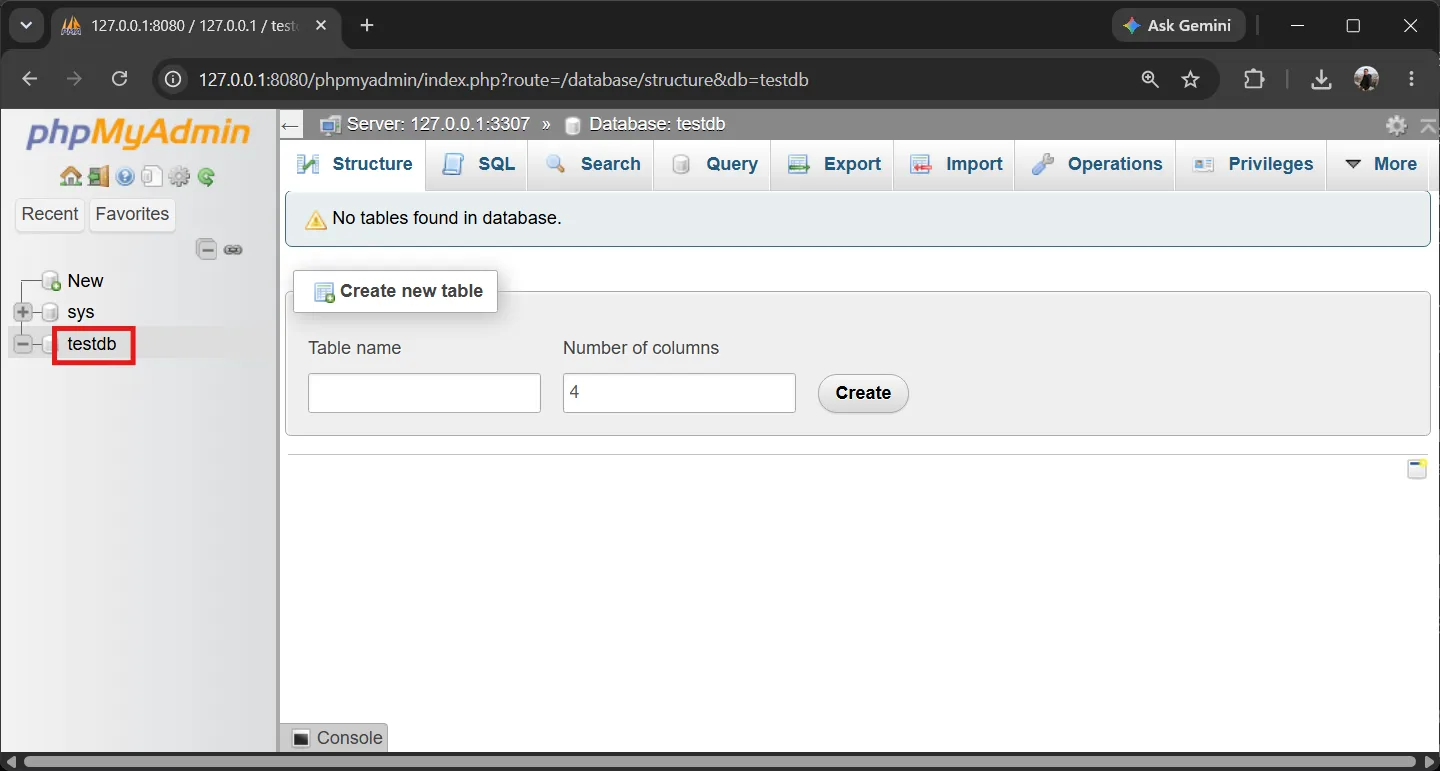 phpMyAdmin - the testdb database has been created and is ready to use phpMyAdmin - testdb