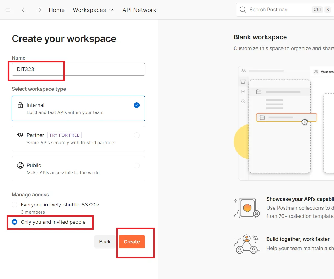 สร้าง Workspace ใน POSTMAN สร้าง Workspace ใน POSTMAN