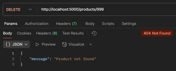 API testing example DELETE /products not found