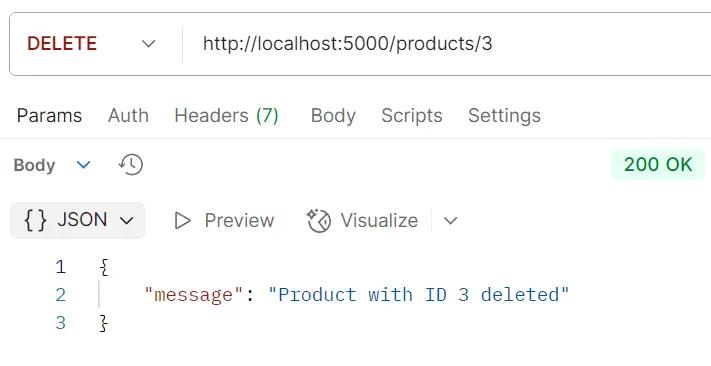 ตัวอย่างการทดสอบ API DELETE /products/:id