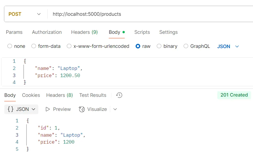 ตัวอย่างการทดสอบ API POST /products