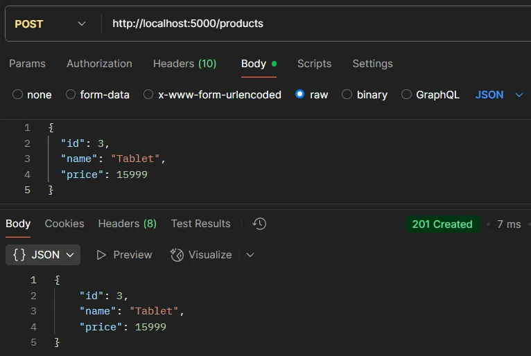 API testing example POST /products