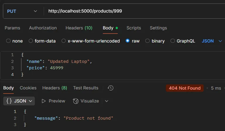 API testing example PUT /products not found