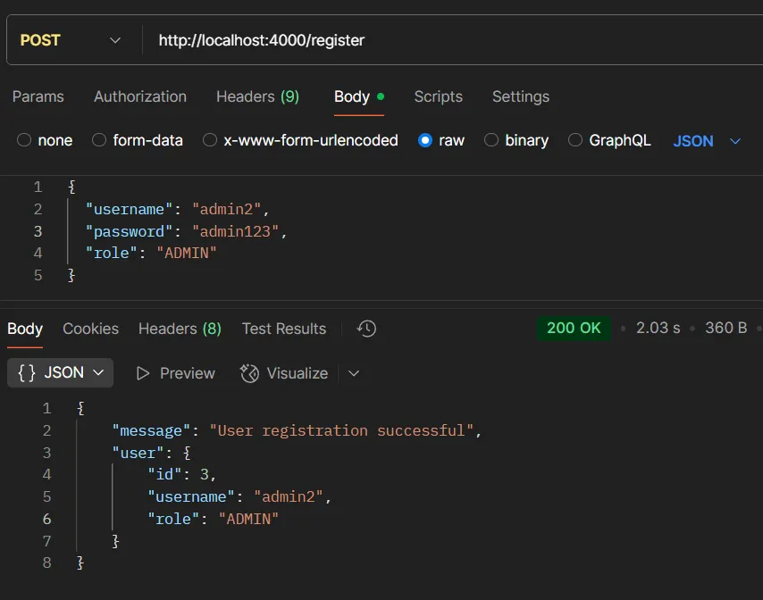 ตัวอย่างการทดสอบ API POST /register (ADMIN) ตัวอย่างการทดสอบ API POST /register (ADMIN)
