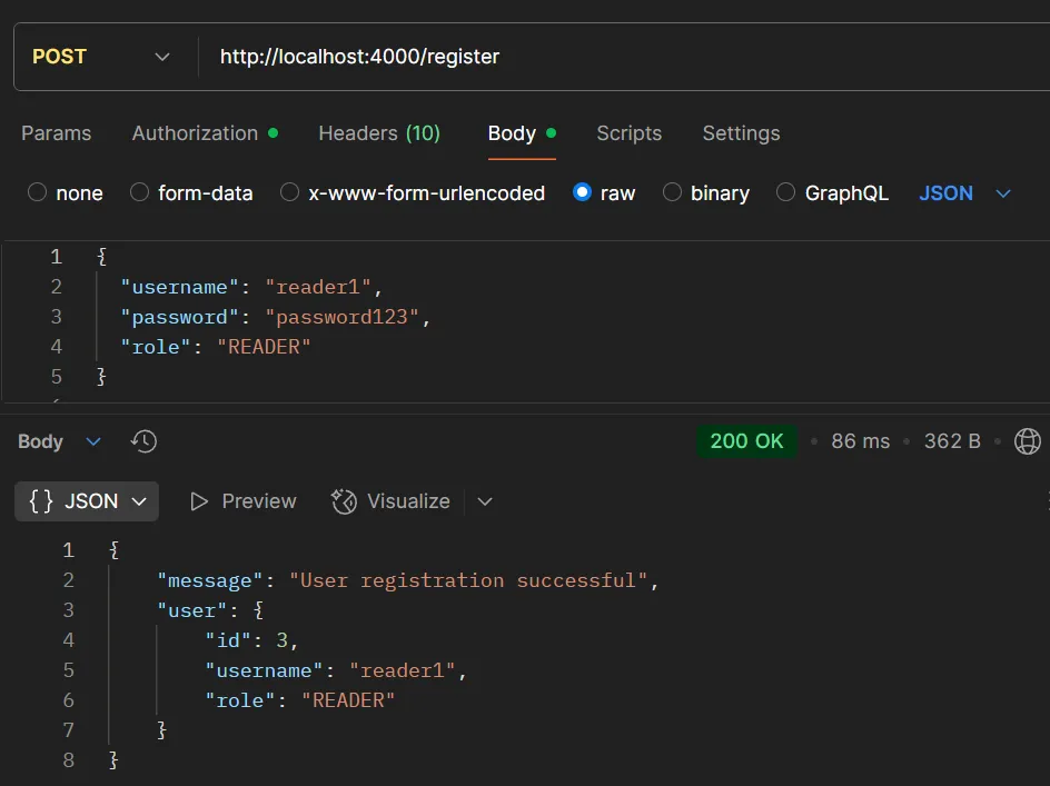 ตัวอย่างการทดสอบ API POST /register (READER) ตัวอย่างการทดสอบ API POST /register (READER)
