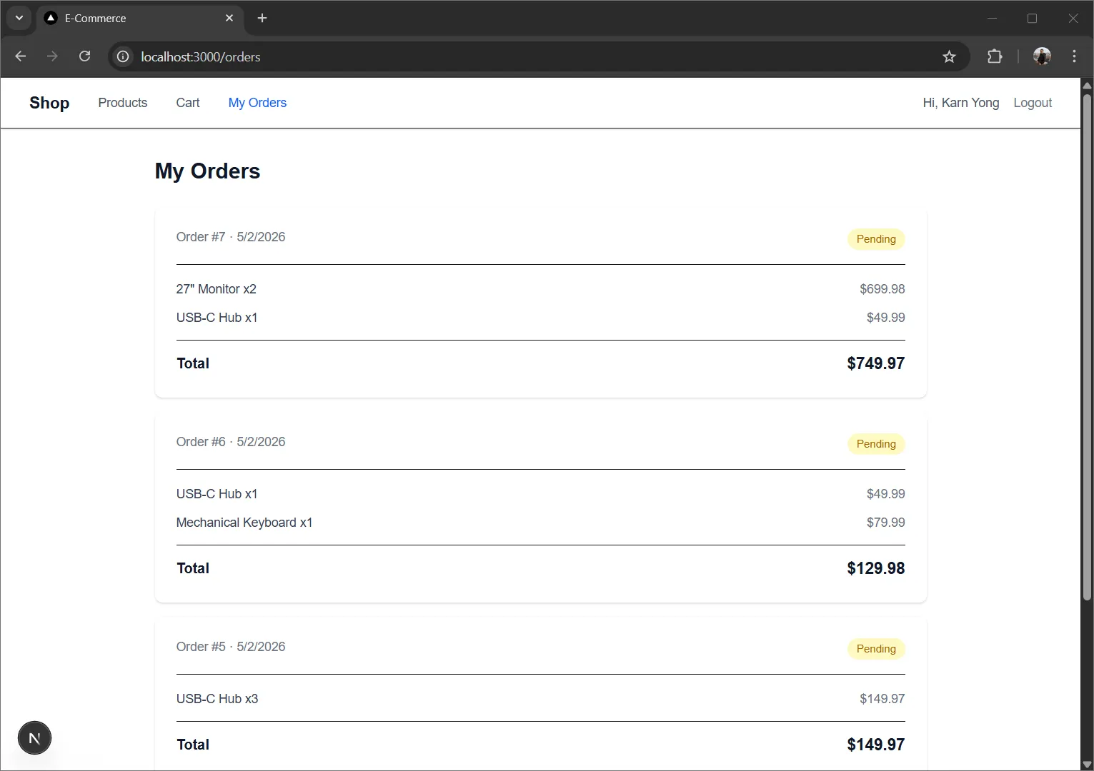 Storefront orders page Storefront orders page
