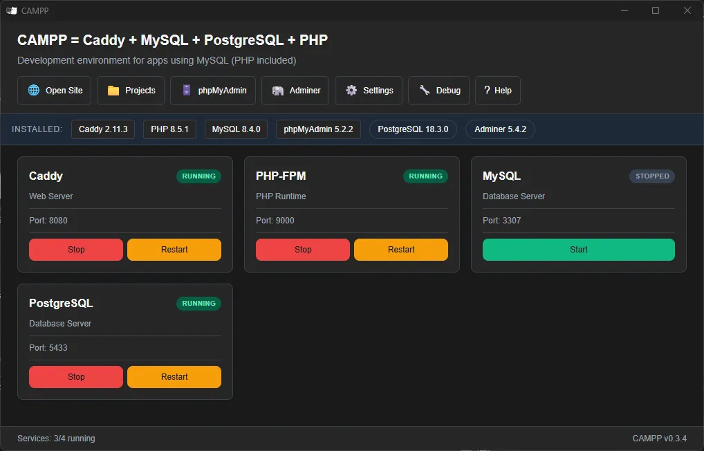CAMPP Dashboard - เริ่ม Caddy, PHP, PostgreSQL CAMPP Dashboard - เริ่ม Caddy, PHP, PostgreSQL