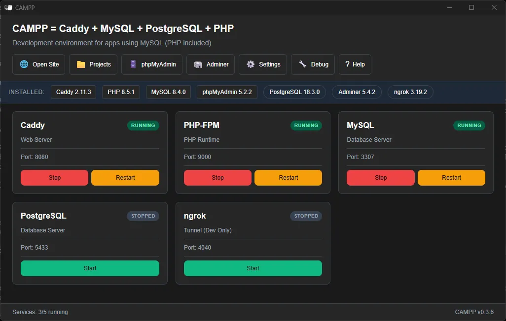 CAMPP Dashboard - เริ่มบริการ Web Server, PHP, Database CAMPP Dashboard