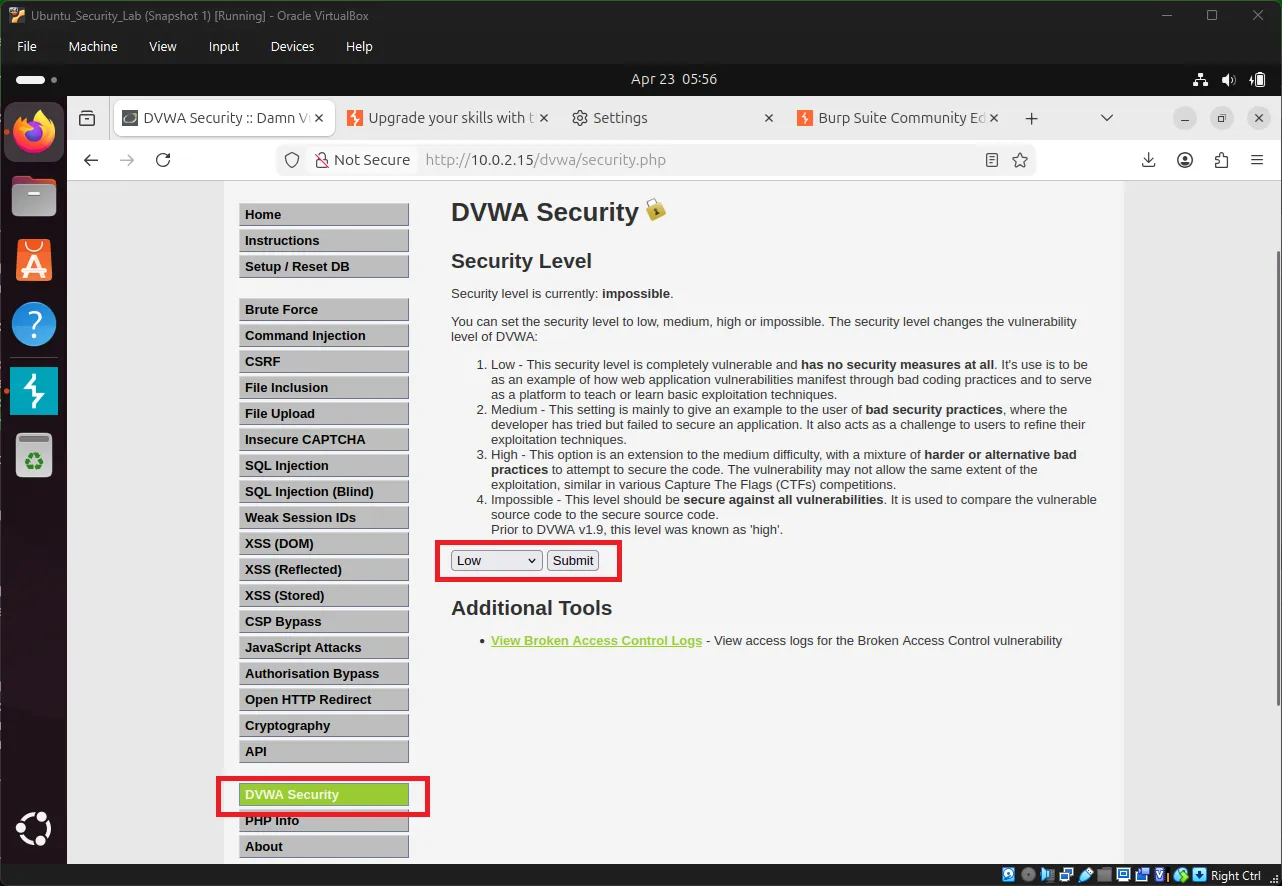 DVWA Security Level Set to Low DVWA Security Level Low