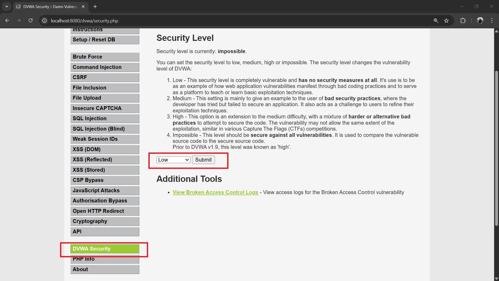 DVWA Security Level Set to Low DVWA Security Level Low