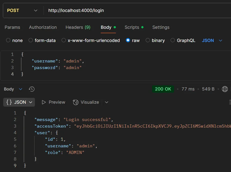 ตัวอย่างการทดสอบ API POST /login (ADMIN) ตัวอย่างการทดสอบ API POST /login (ADMIN)