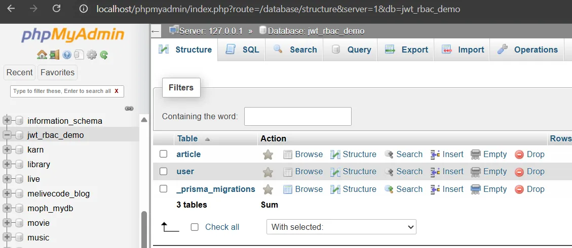 ตรวจสอบตารางที่ถูกสร้างขึ้นในฐานข้อมูล ตรวจสอบตารางที่ถูกสร้างขึ้นในฐานข้อมูล
