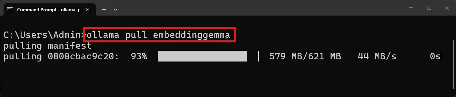 ollama pull embeddinggemma ผลลัพธ์ตอนรัน ollama pull embeddinggemma