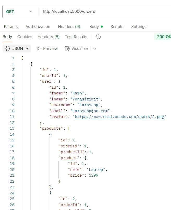 ตัวอย่างการทดสอบ API GET /orders ตัวอย่างการทดสอบ API GET /orders