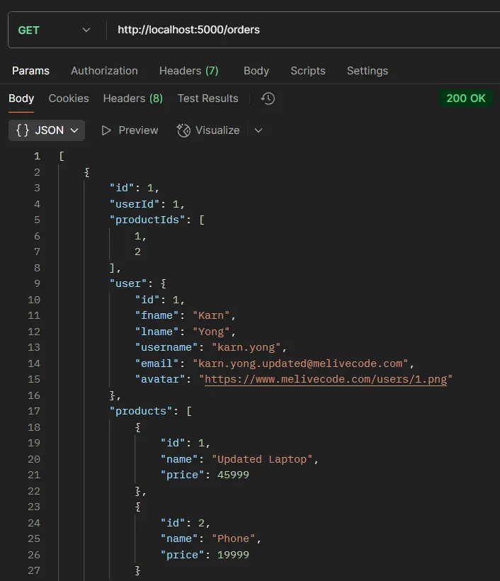 ตัวอย่างการทดสอบ API GET /orders ตัวอย่างการทดสอบ API GET /orders