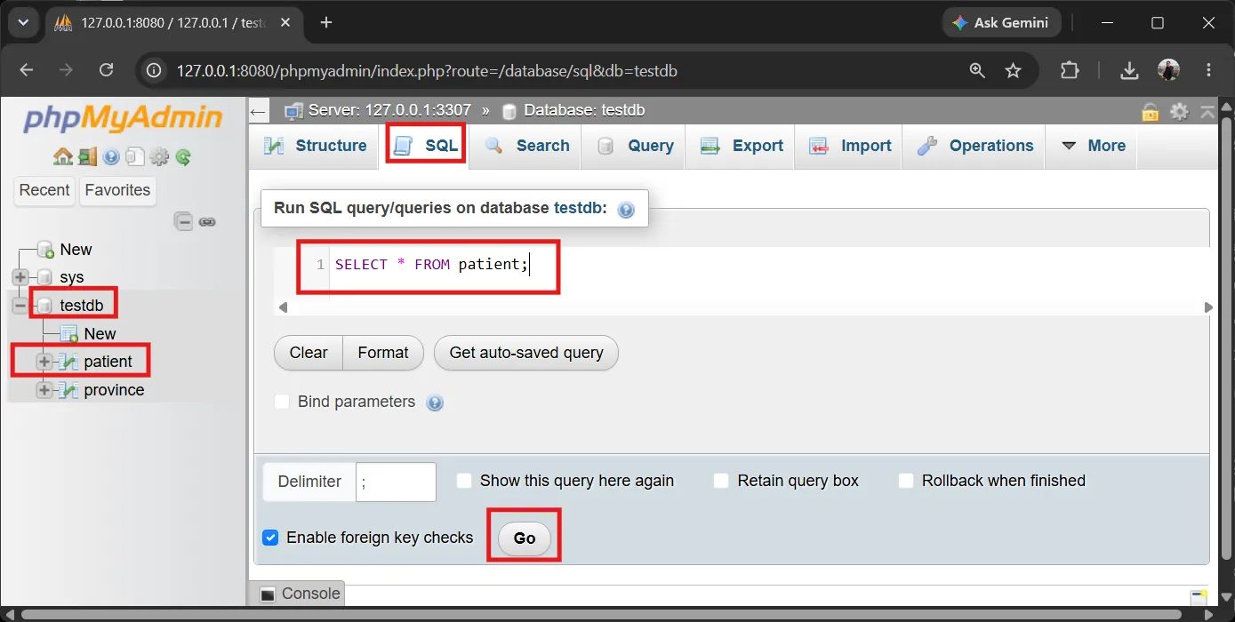 phpMyAdmin - รันคำสั่ง SELECT * FROM patient phpMyAdmin - SELECT