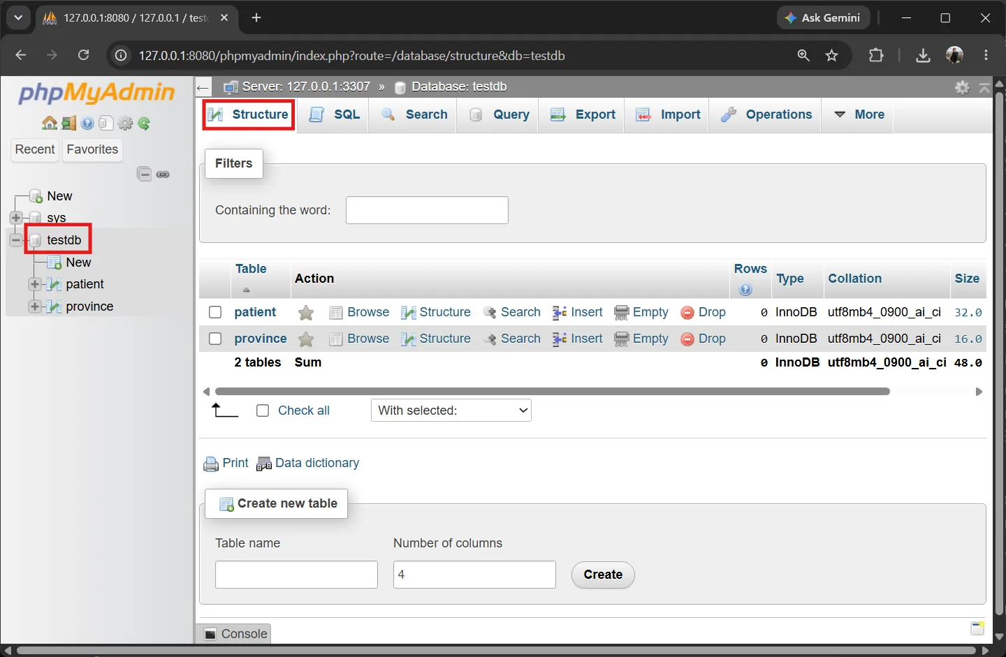 phpMyAdmin - ตาราง province และ patient ที่สร้างแล้ว phpMyAdmin - ตาราง