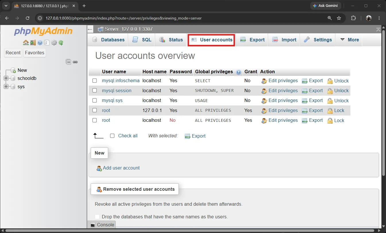 phpMyAdmin - User accounts tab for managing users via GUI phpMyAdmin User Accounts