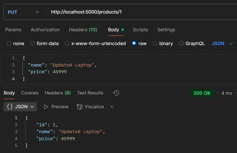 ตัวอย่างการทดสอบ API PUT /products ตัวอย่างการทดสอบ API PUT /products