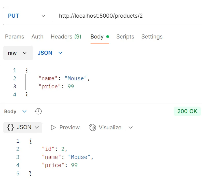ตัวอย่างการทดสอบ API PUT /products/:id ตัวอย่างการทดสอบ API PUT /products/:id