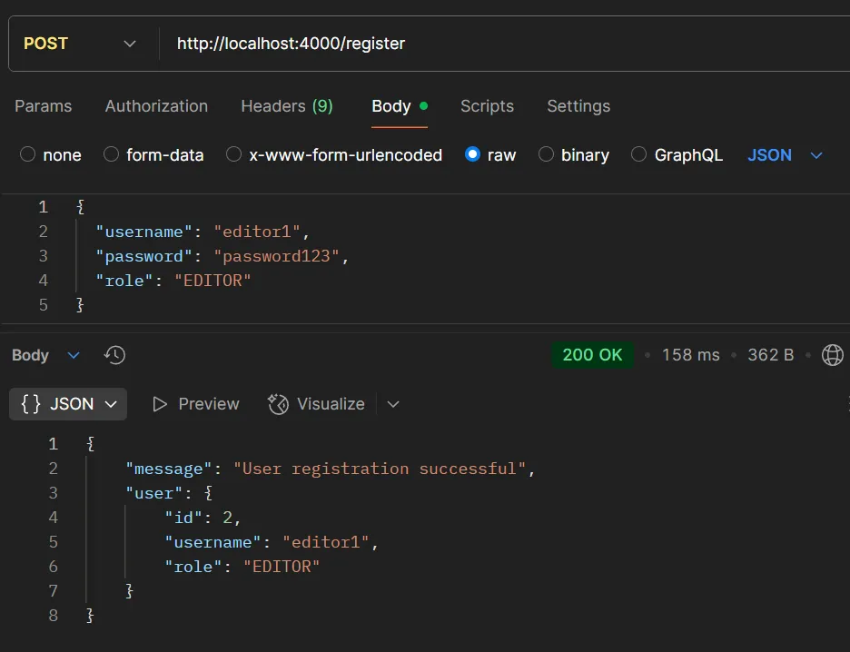 ตัวอย่างการทดสอบ API POST /register (EDITOR) ตัวอย่างการทดสอบ API POST /register (EDITOR)