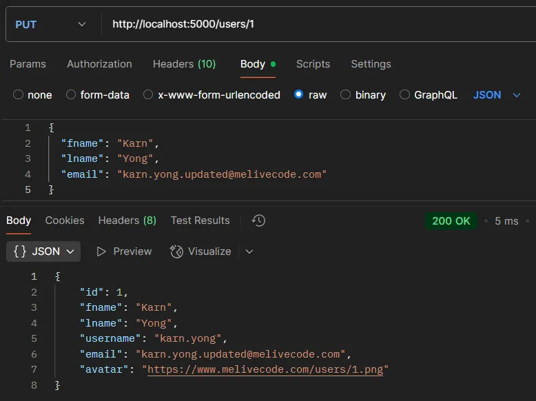 ตัวอย่างการทดสอบ API PUT /users/:id ตัวอย่างการทดสอบ API PUT /users/:id